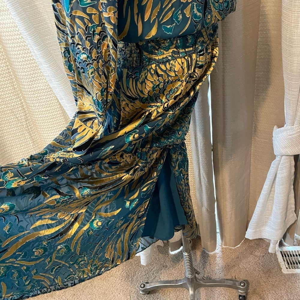 White House Black Market burnout smocked dress Teal and Gold Long Sleeve Dress - Picture 10 of 15